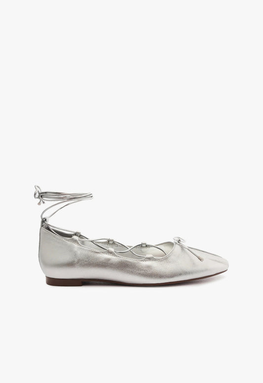 Arissa Lace Up Leather Flat Flats Pre Fall 24 5 Silver Leather - Schutz Shoes