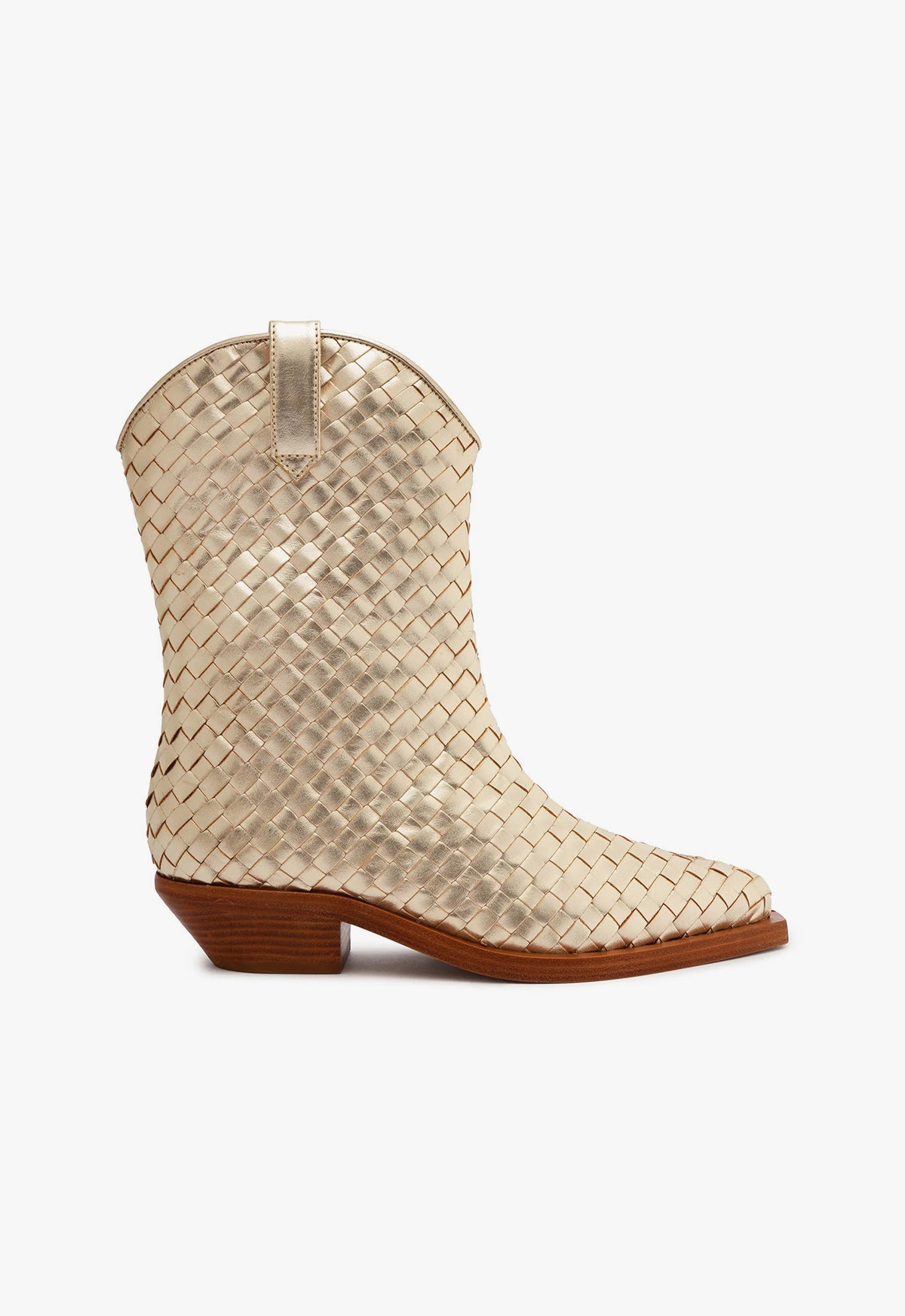 Cicera Woven Metallic Leather Bootie Booties SPRING 24 5 Gold Metallic Leather - Schutz Shoes