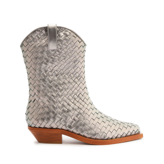 Cicera Woven Metallic Leather Bootie SPRING 24 5 Silver Metallic Leather - Schutz Shoes