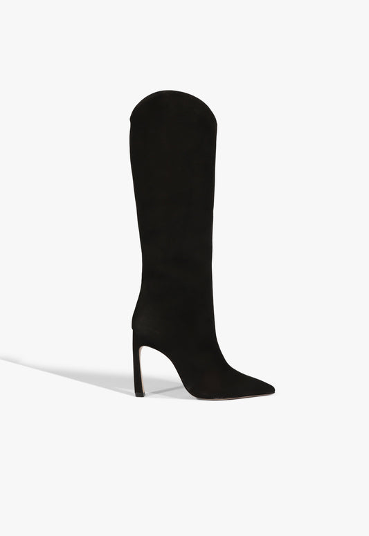 COLETER Women’s Knee High Boots – Pointed Toe Stiletto Heels, Buckle & Zipper Slouch Boots In Black Suede, Size 6