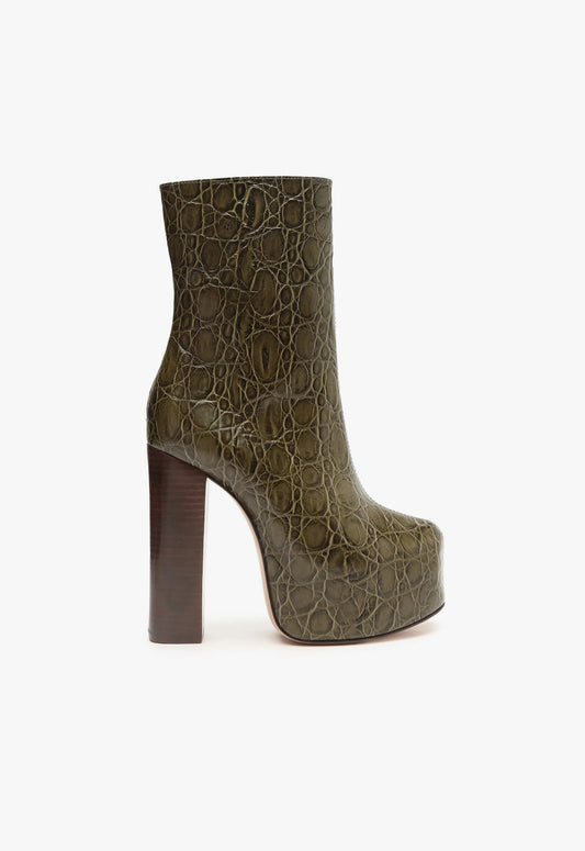 Leighton Crocodile-Embossed Leather Bootie Booties OLD 5 Military Green Crocodile-Embossed Leather - Schutz Shoes