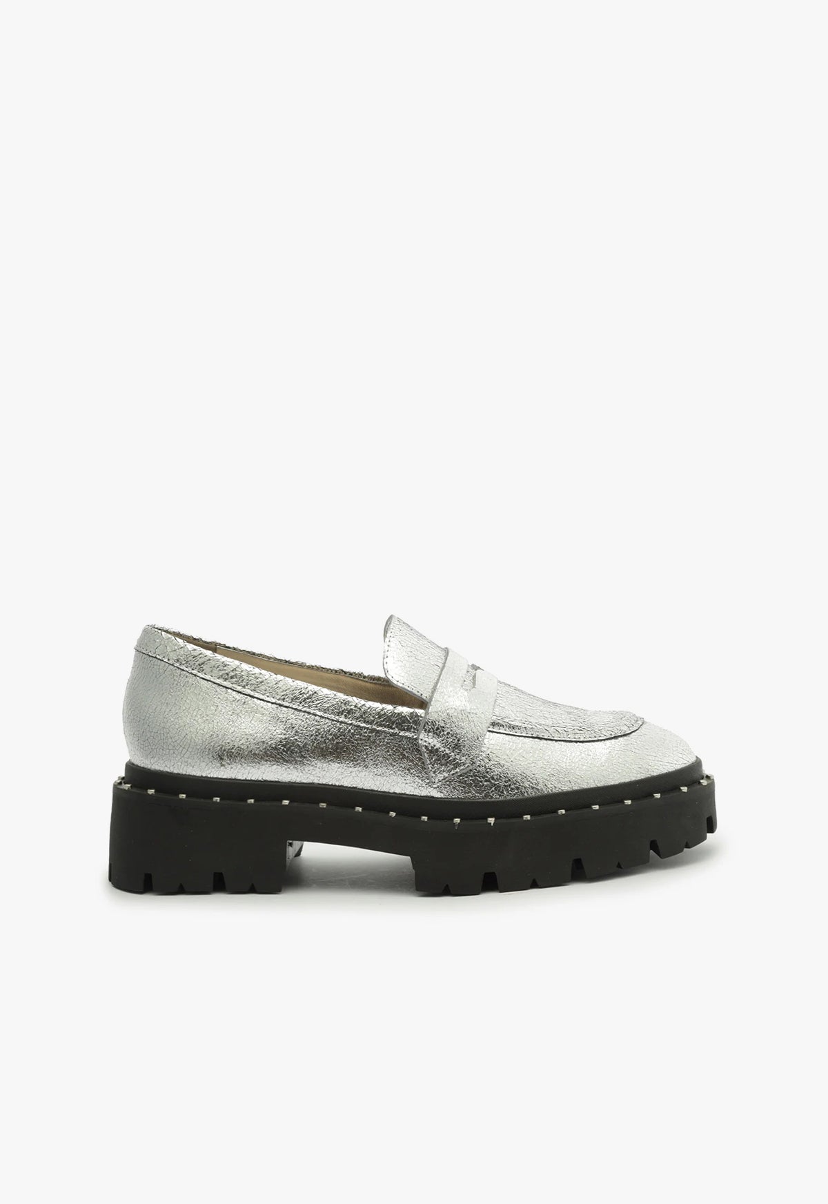 Christie Studs Crackled Leather Flats FALL 23 5 Silver Crackled Leather - Schutz Shoes