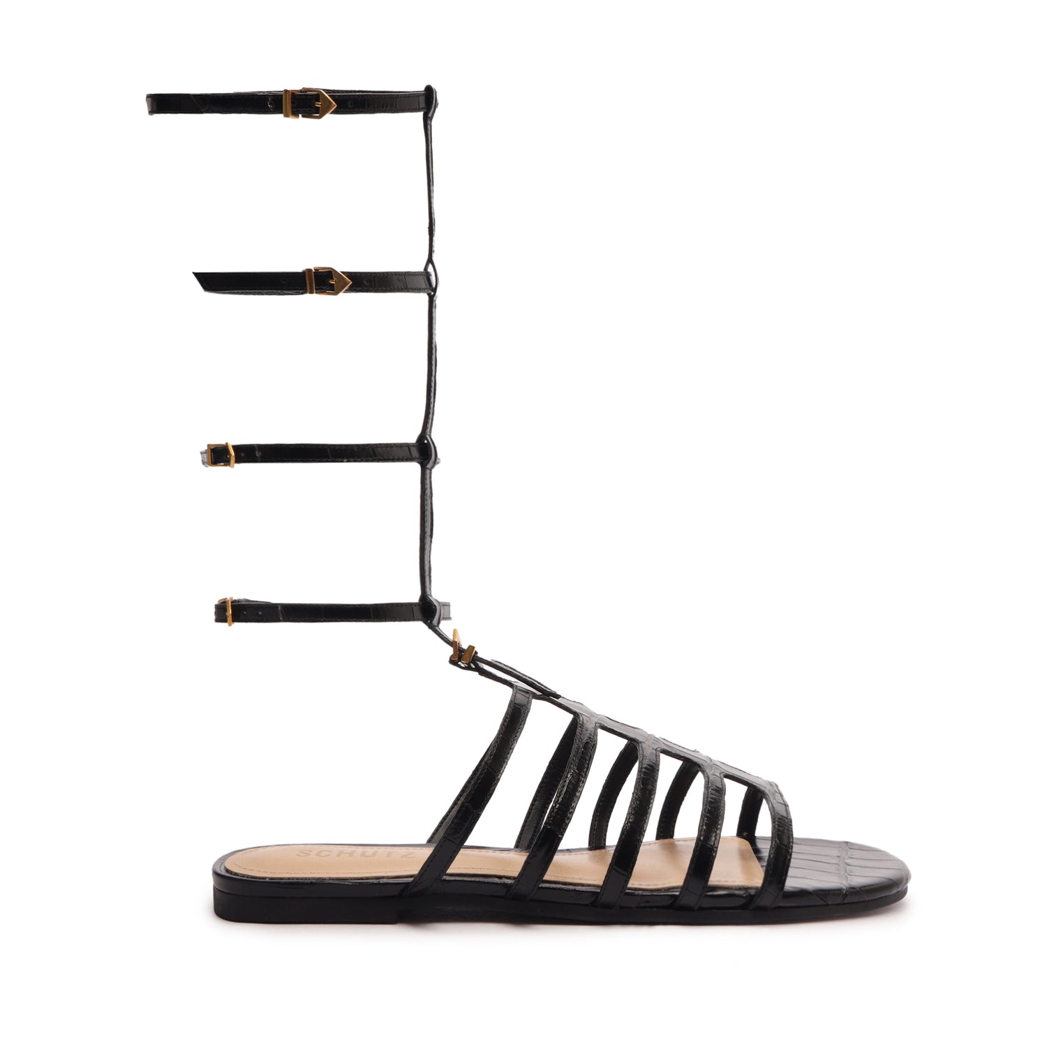 Hayden Crocodile-Embossed Leather Sandal 5 Black Crocodile-Embossed Leather - Schutz Shoes