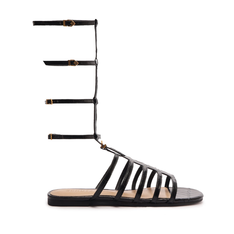 Hayden Crocodile-Embossed Leather Sandal Flats Spring 24 5 Black Crocodile-Embossed Leather - Schutz Shoes