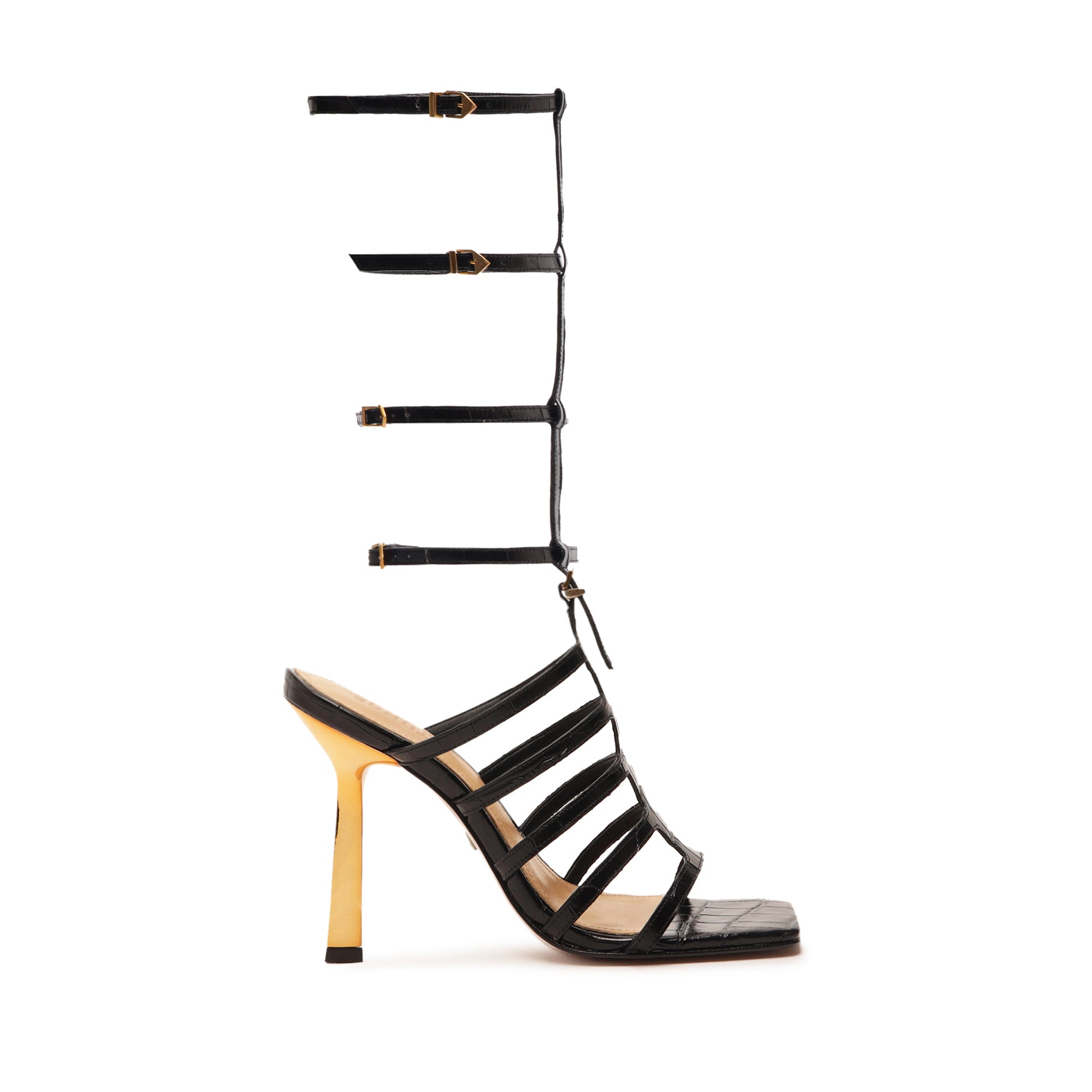 Hayden Up Crocodile-Embossed Leather Sandal Sandals SPRING 24 5 Black Crocodile-Embossed Leather - Schutz Shoes