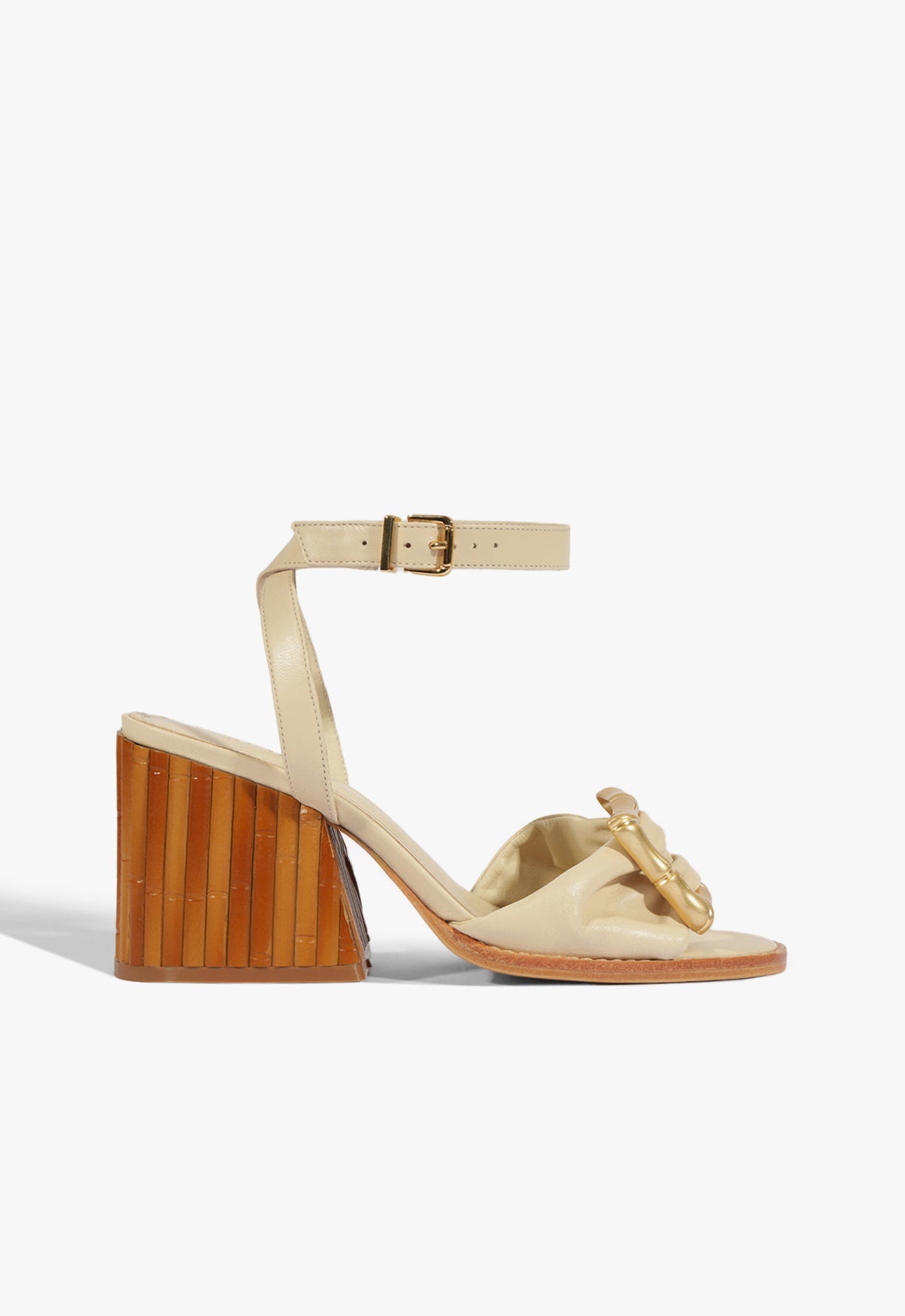 Enola Bamboo Mid Block Leather Sandal 5 Egg Shell Leather - Schutz Shoes