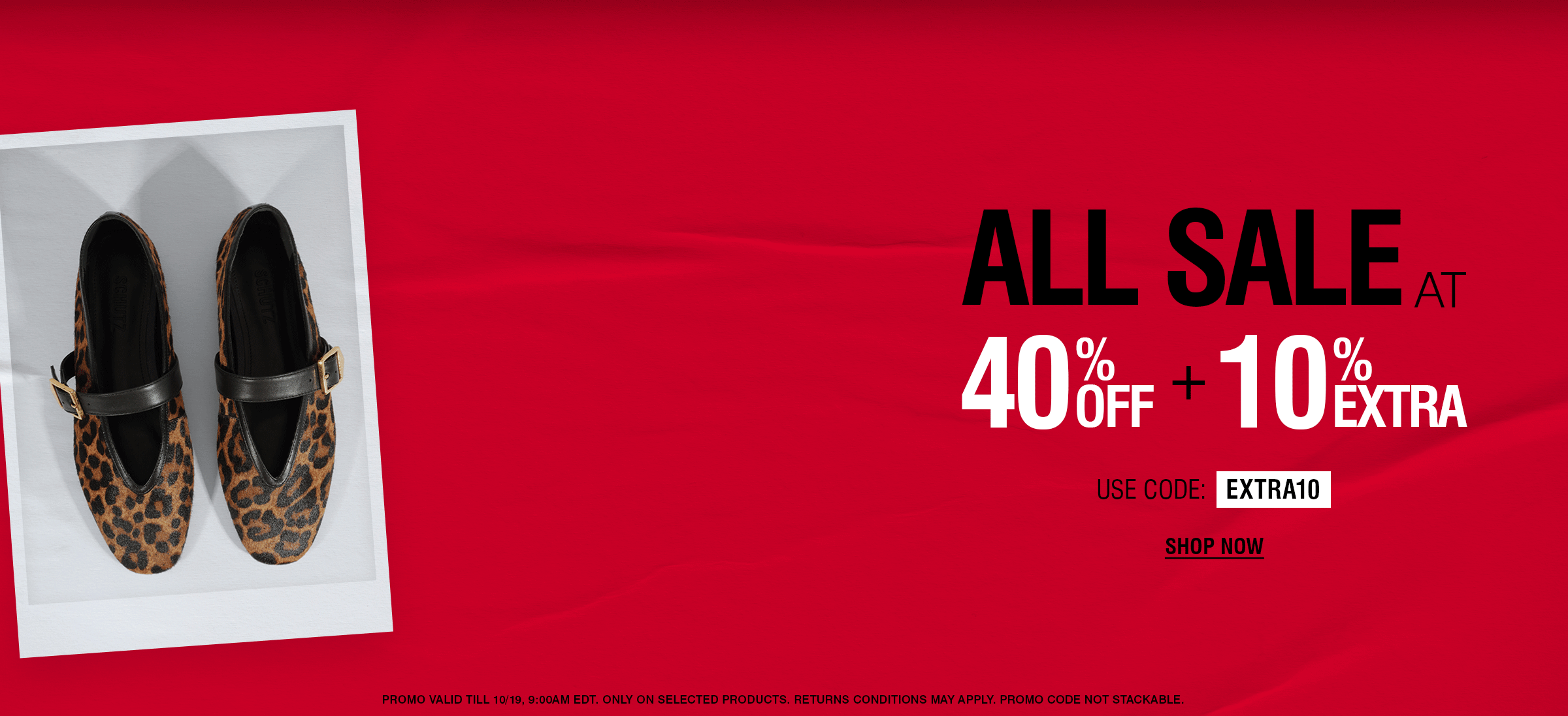 Promotional sale banner with three overlapping product photos on a red background: leopard-print flats, a white wedge sandal, and dark brown boots. Large text reads 'ALL SALE AT 40% OFF + 10% EXTRA' with a promo code and 'SHOP NOW'.