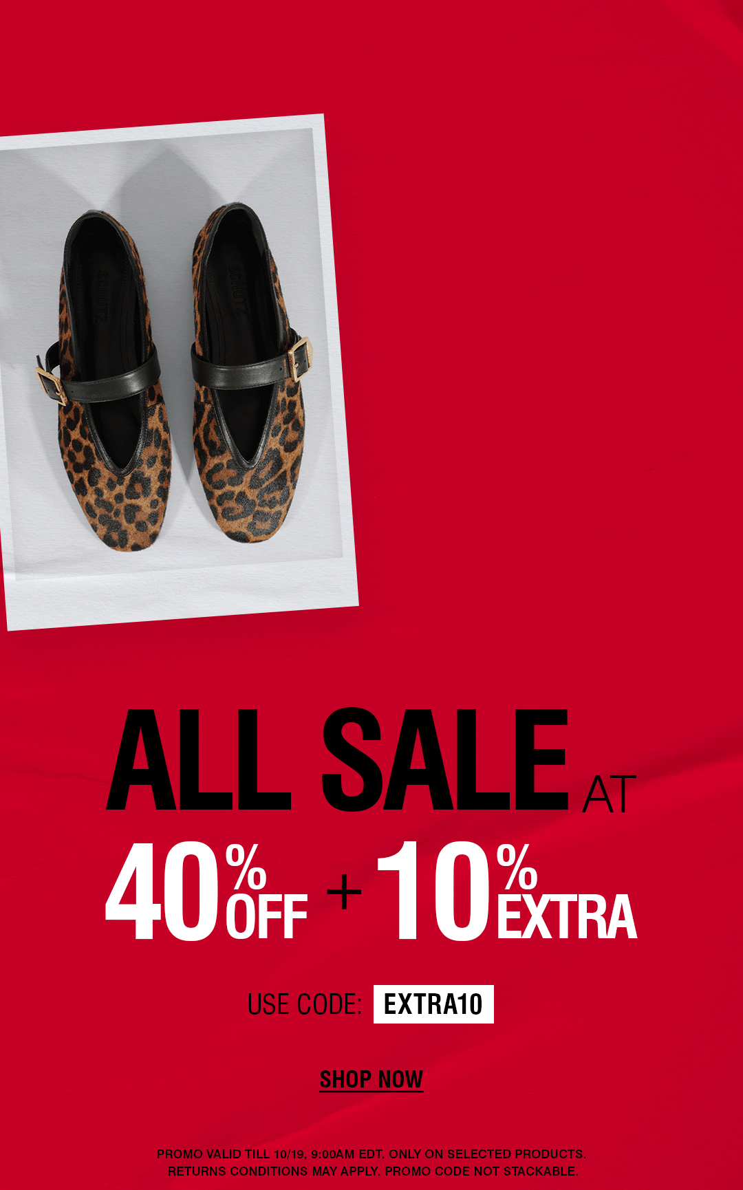 Promotional sale banner with three overlapping product photos on a red background: leopard-print flats, a white wedge sandal, and dark brown boots. Large text reads 'ALL SALE AT 40% OFF + 10% EXTRA' with a promo code and 'SHOP NOW'.