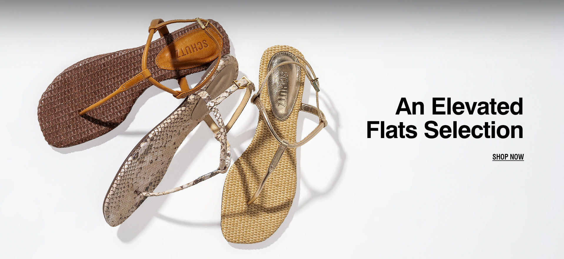 A stylish collection of raffia and leather flat sandals from Schutz, featuring brown, snakeskin, and gold designs, displayed against a white background.