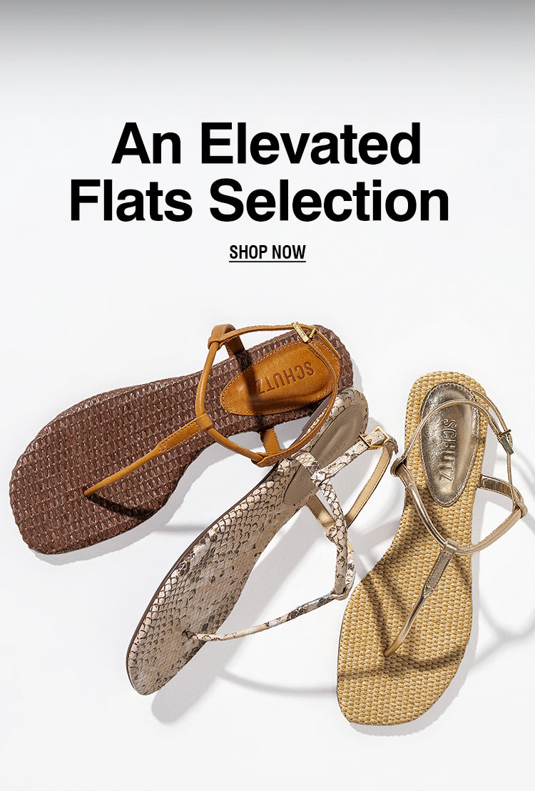 A stylish collection of raffia and leather flat sandals from Schutz, featuring brown, snakeskin, and gold designs, displayed against a white background.