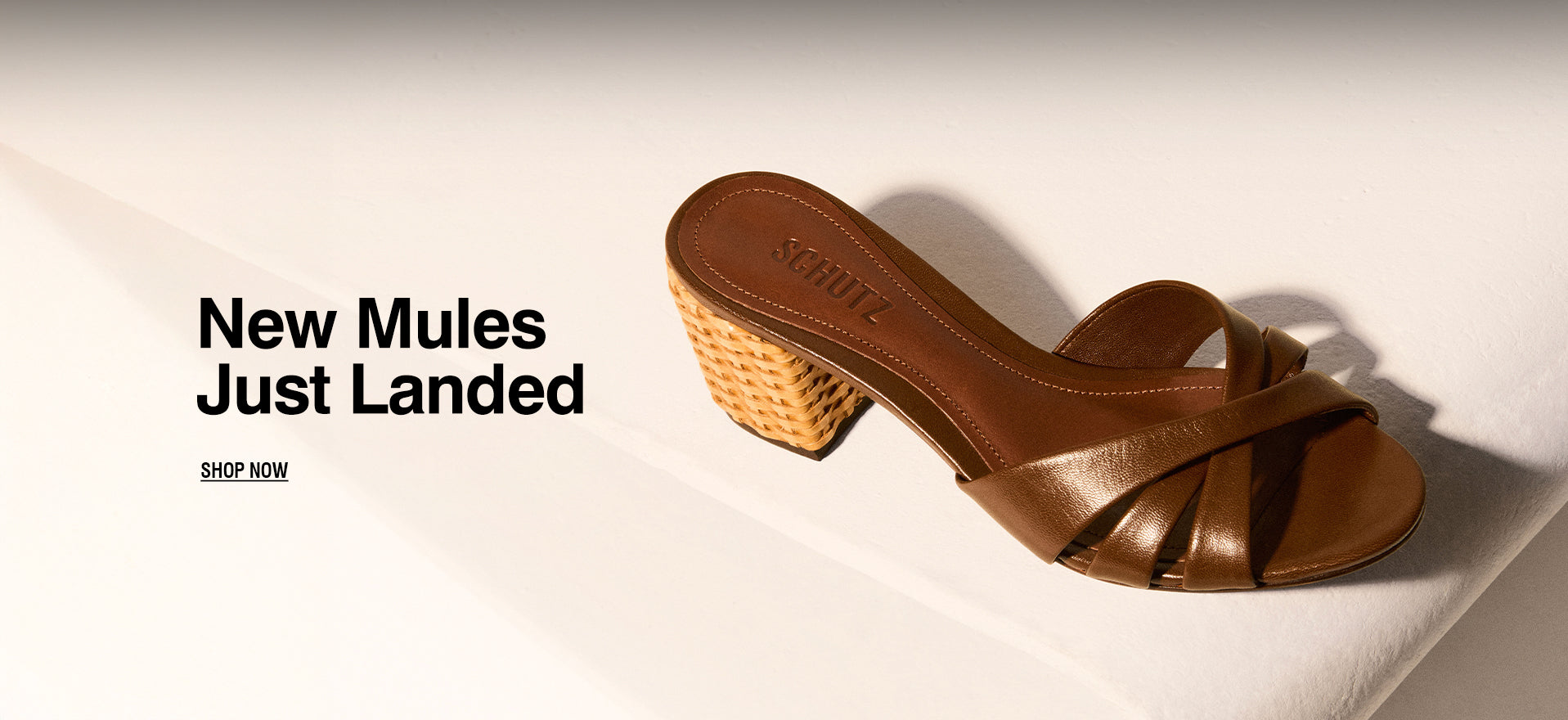 Brown leather mule sandal with braided block heel from Schutz, displayed on a light background with the text "New Mules Just Landed".