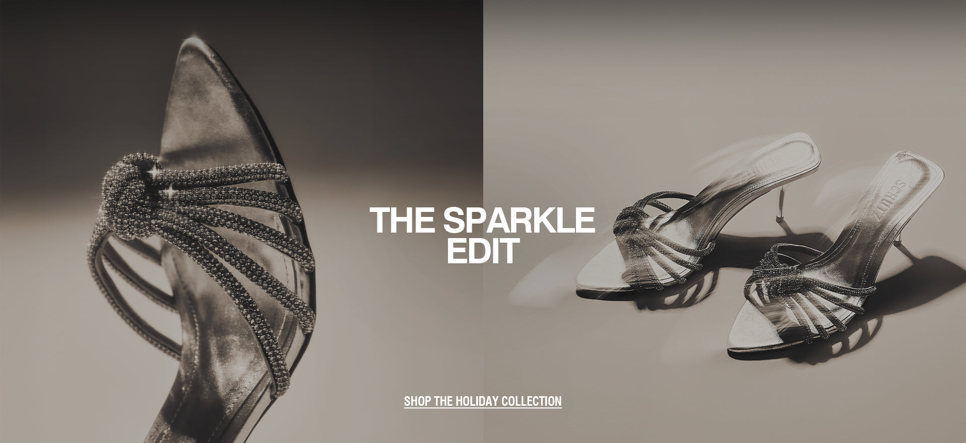 Close-up of a sparkling knotted sandal strap on the left and a pair of metallic high-heel mule sandals on the right, displayed in a soft, glamorous studio light with the text ‘THE SPARKLE EDIT.’