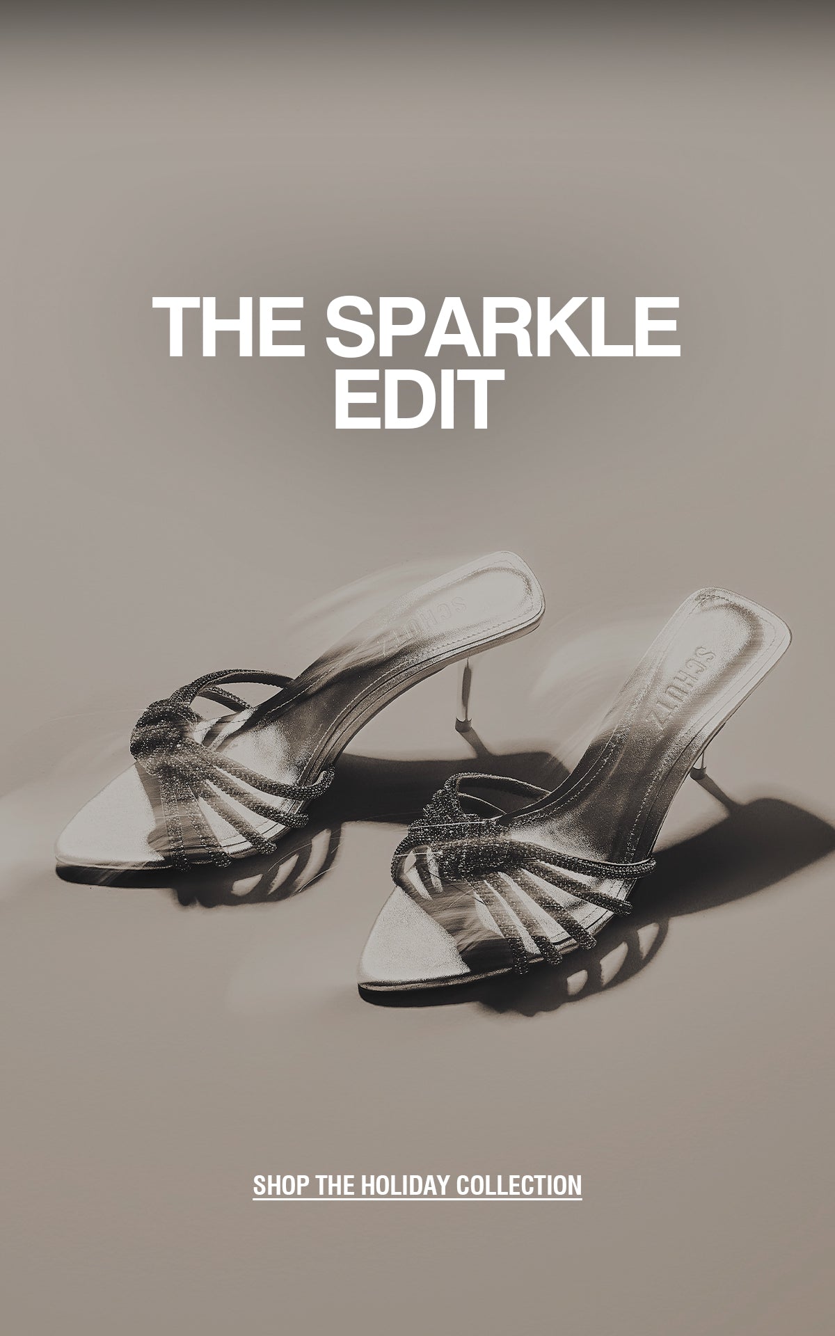 Close-up of a sparkling knotted sandal strap on the left and a pair of metallic high-heel mule sandals on the right, displayed in a soft, glamorous studio light with the text ‘THE SPARKLE EDIT.’