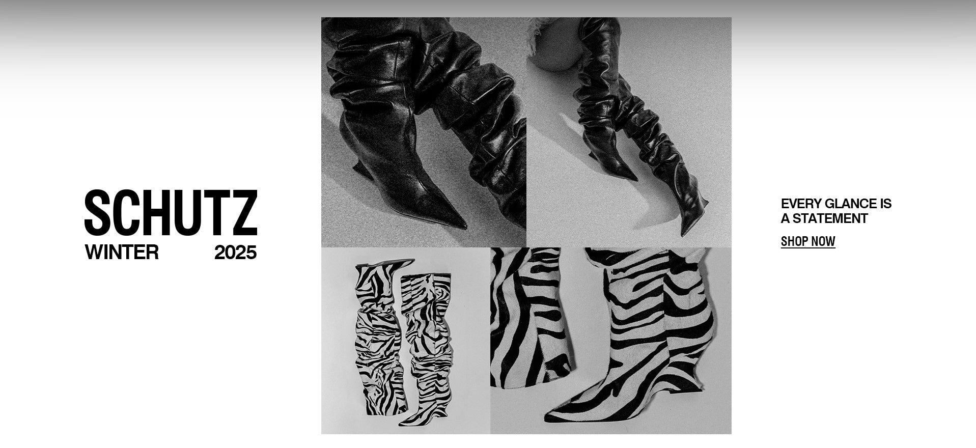 Schutz Winter 2025 campaign showcasing bold statement boots — featuring slouchy black leather and zebra-print designs that highlight the brand’s modern and edgy aesthetic.