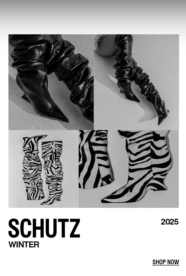 Schutz Winter 2025 campaign showcasing bold statement boots — featuring slouchy black leather and zebra-print designs that highlight the brand’s modern and edgy aesthetic.