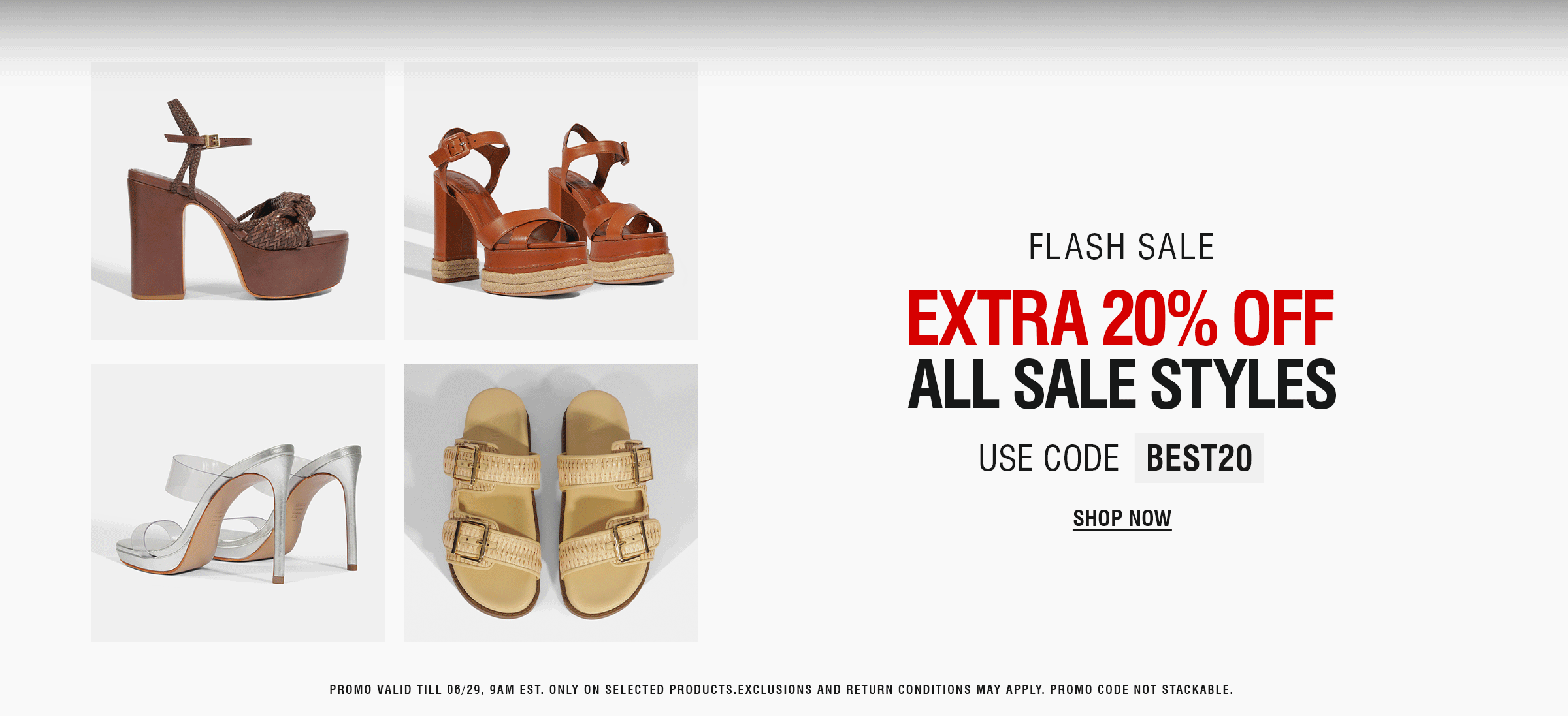 Alt text: "Flash sale ad with extra 20% off on all sale styles. Features four shoe types: strappy silver heels, brown platform sandals, silver stiletto heels, and beige buckle sandals. Use code BEST20. Shop now."