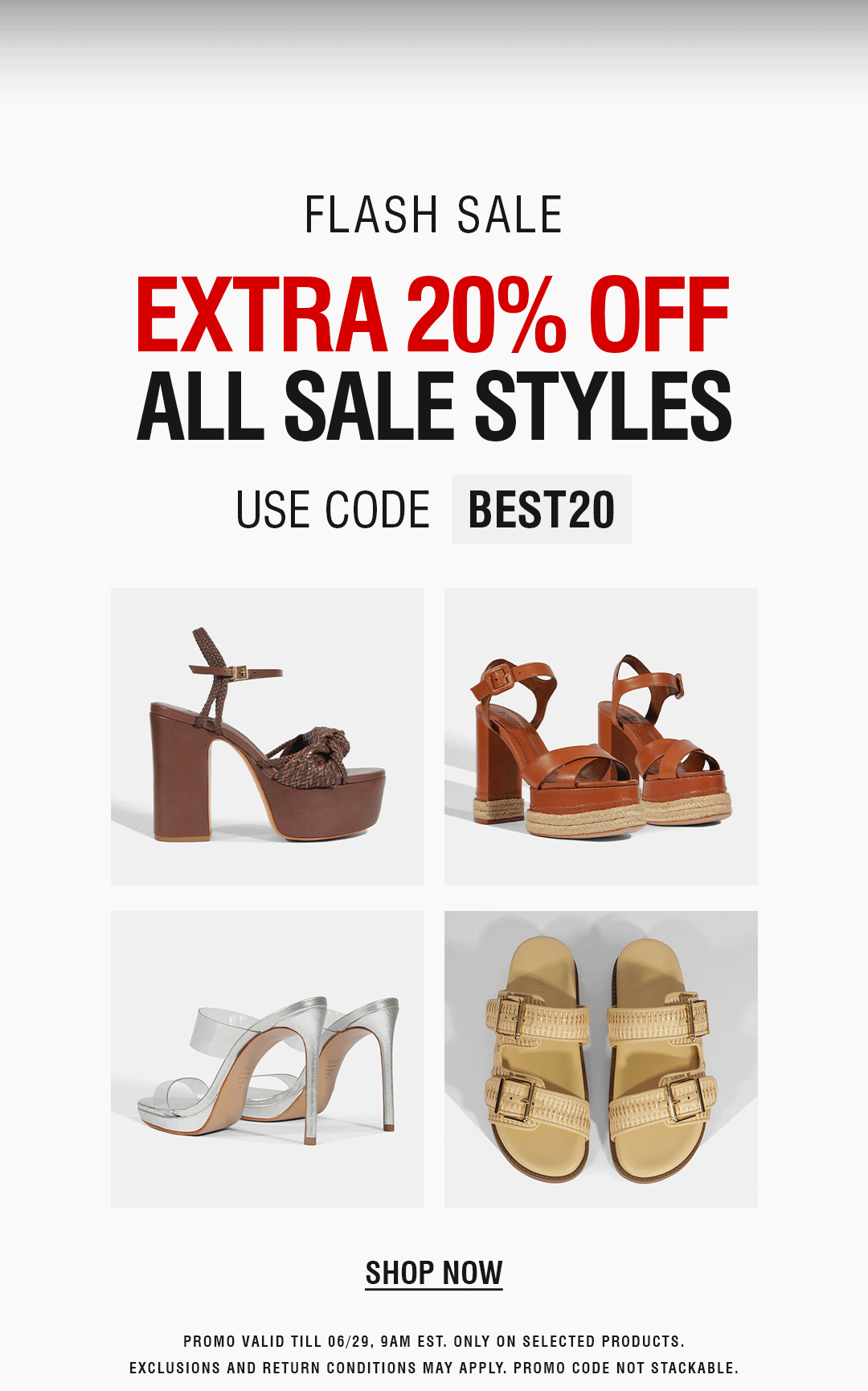 Alt text: "Flash sale ad with extra 20% off on all sale styles. Features four shoe types: strappy silver heels, brown platform sandals, silver stiletto heels, and beige buckle sandals. Use code BEST20. Shop now."
