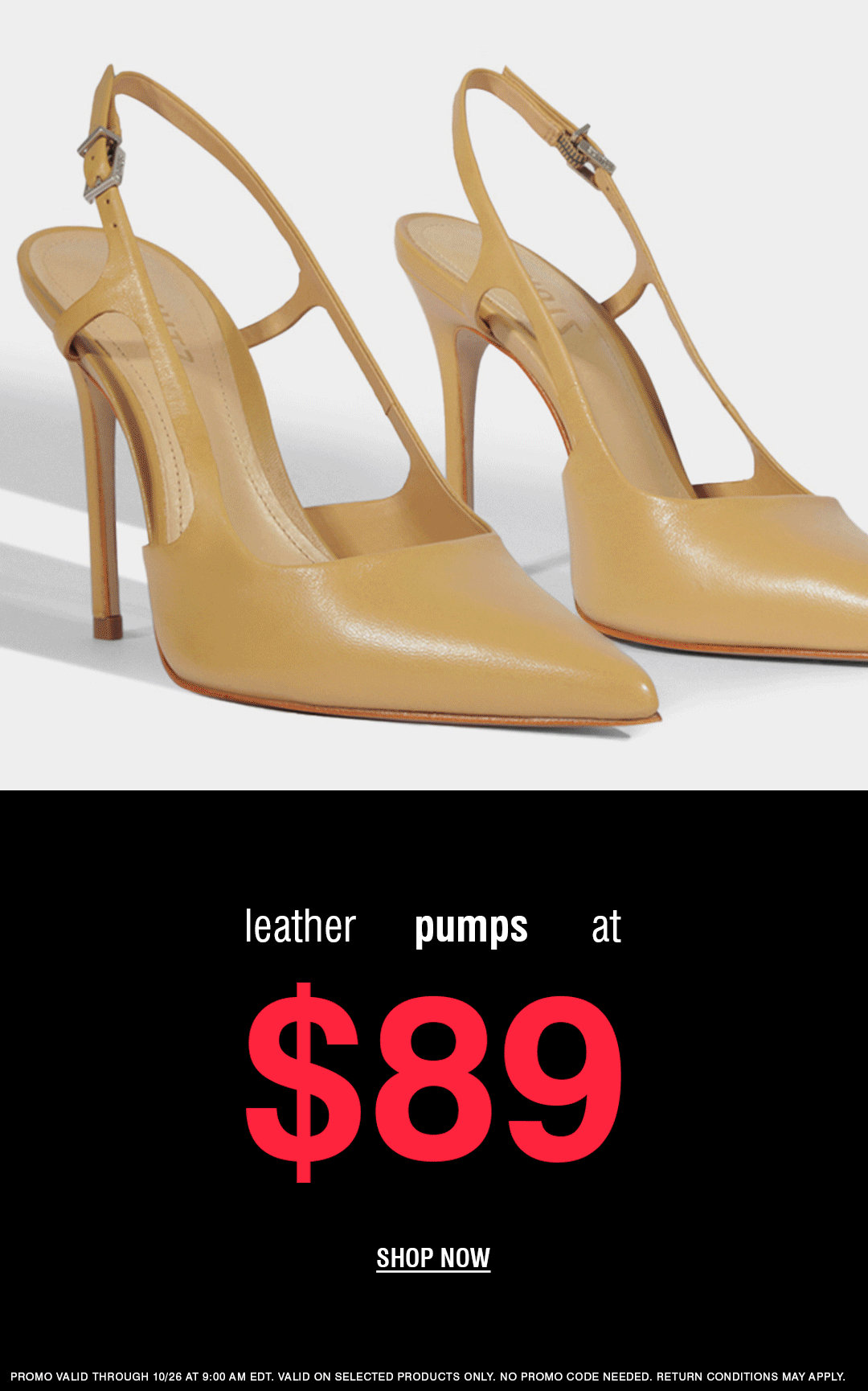 Promotional banner featuring beige leather slingback pumps against a light background on the right, alongside a black background on the left with text that reads "leather styles at $89" and a "SHOP NOW" button.