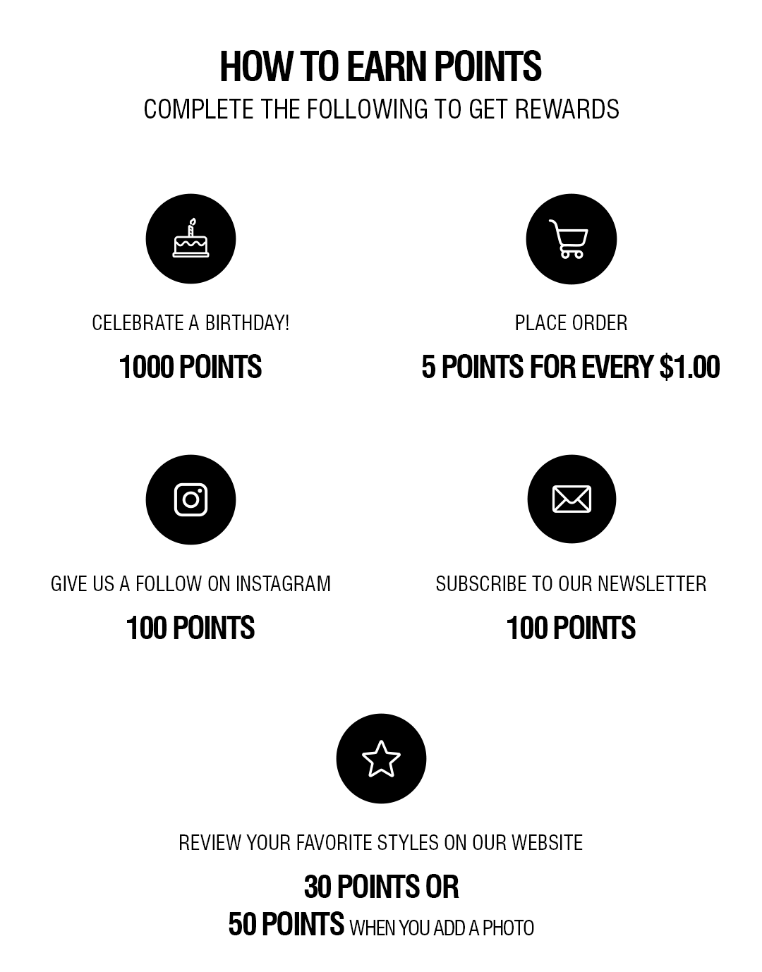 A black and white infographic outlining how to earn points for rewards, listing activities such as celebrating a birthday, placing orders, following on Instagram, subscribing to a newsletter, and reviewing website styles.