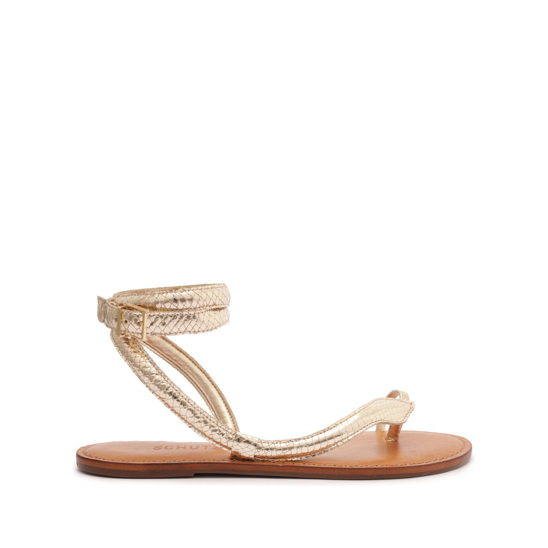 Courtney Metallic Leather Sandal Flats Spring 22 5 Light Gold Metallic Snake-Embossed Leather - Schutz Shoes