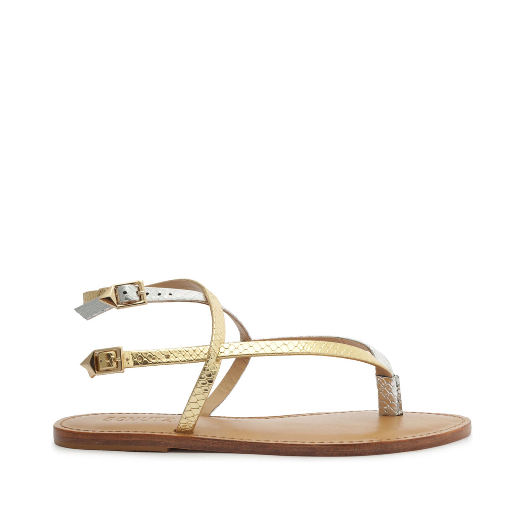 Elsie Snake-Embossed Leather Sandal Flats OLD 5 Prata Snake-Embossed Leather - Schutz Shoes