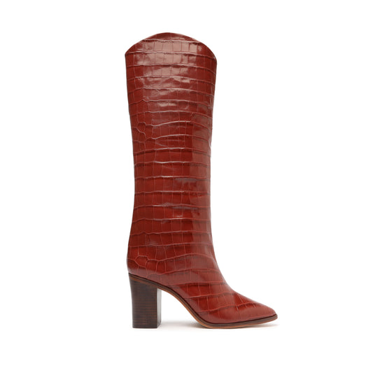 Maryana Block Leather Boot Boots Open Stock 5 Red Brown Crocodile-Embossed Leather - Schutz Shoes