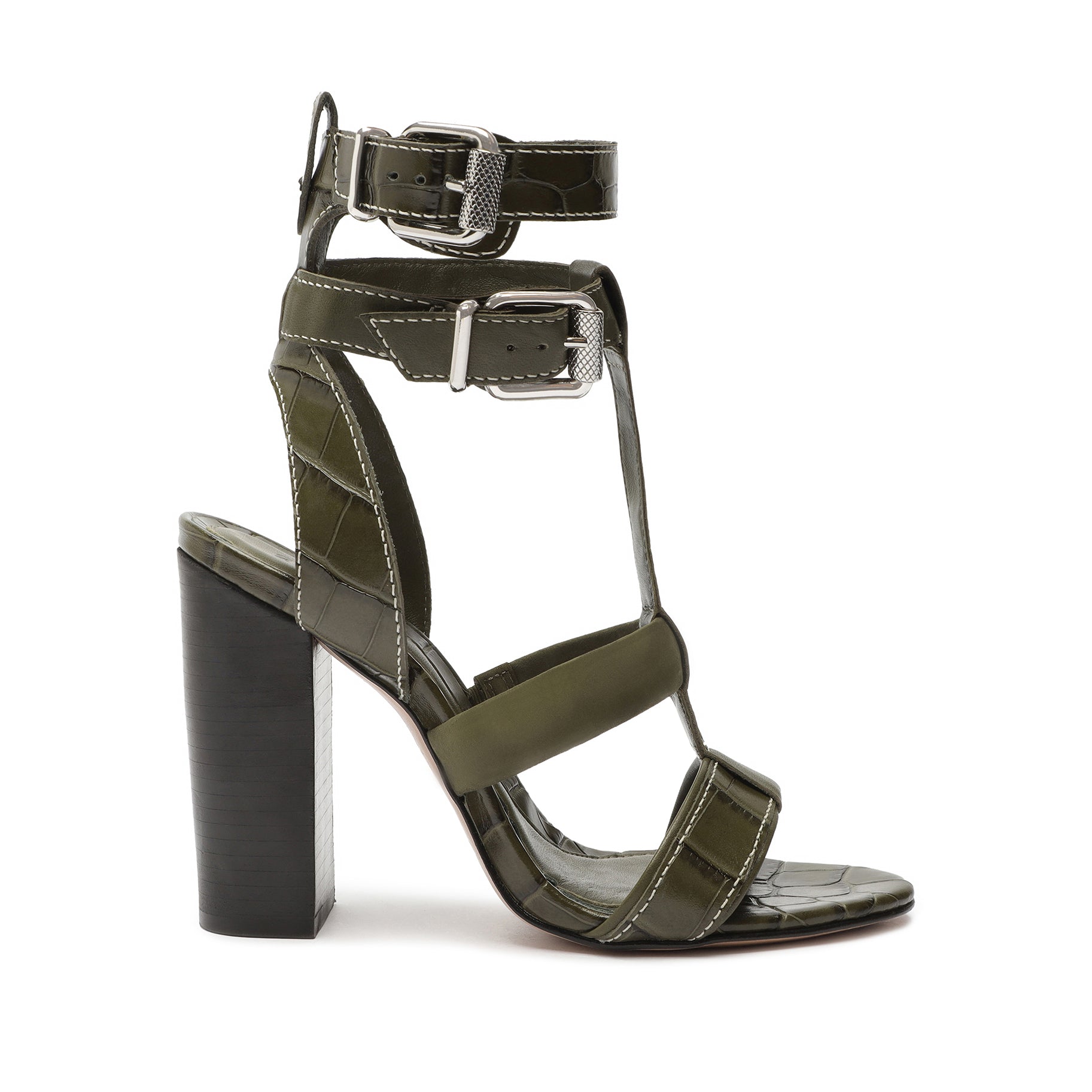 Chantelle Crocodile-Embossed Leather Sandal Sandals OLD 5 Military Green Crocodile-Embossed Leather - Schutz Shoes