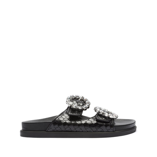 Ariel Embellished Embossed-Leather Sandal Flats Sale 5 Black Croco Atanado Soft - Schutz Shoes