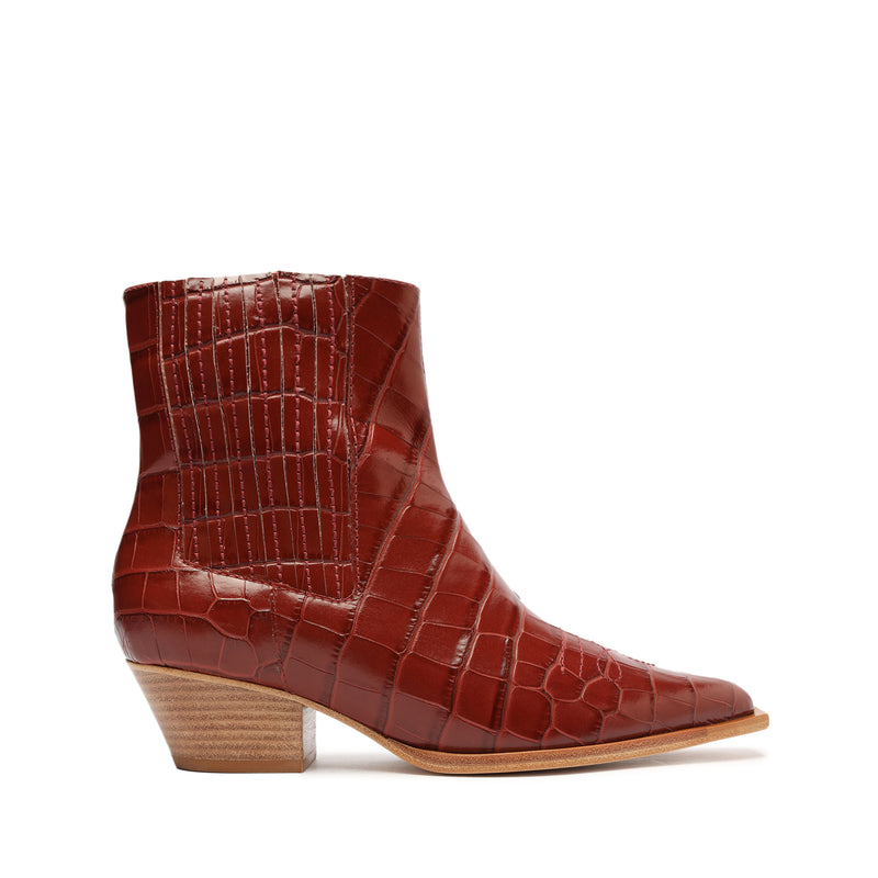 Briani Crocodile Embossed Leather Bootie Red Brown Crocodile Embossed Leather