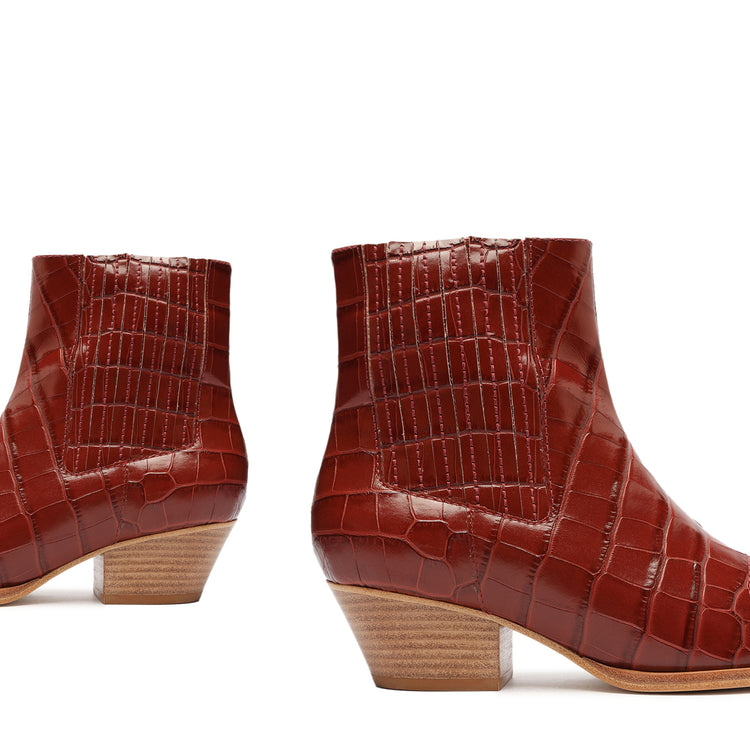 Briani Crocodile Embossed Leather Bootie Red Brown Crocodile Embossed Leather