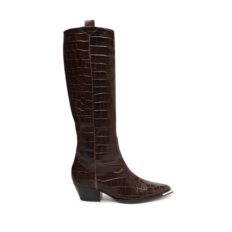 Tessie Casual Up Crocodile-Embossed Leather Boot Boots Fall 22 5 Dark Chocolate Crocodile-Embossed Leather - Schutz Shoes