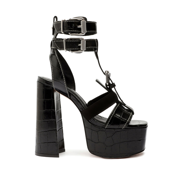 Chantelle Platform Crocodile-Embossed Leather Sandal Sandals Fall 22 5 Black Crocodile-Embossed Leather - Schutz Shoes