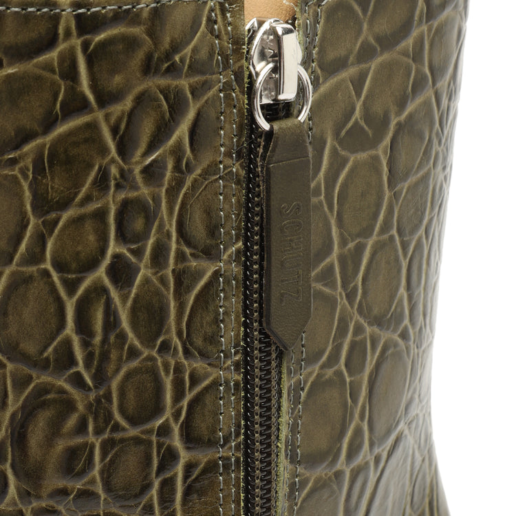Leighton Crocodile-Embossed Leather Bootie Military Green Crocodile-Embossed Leather