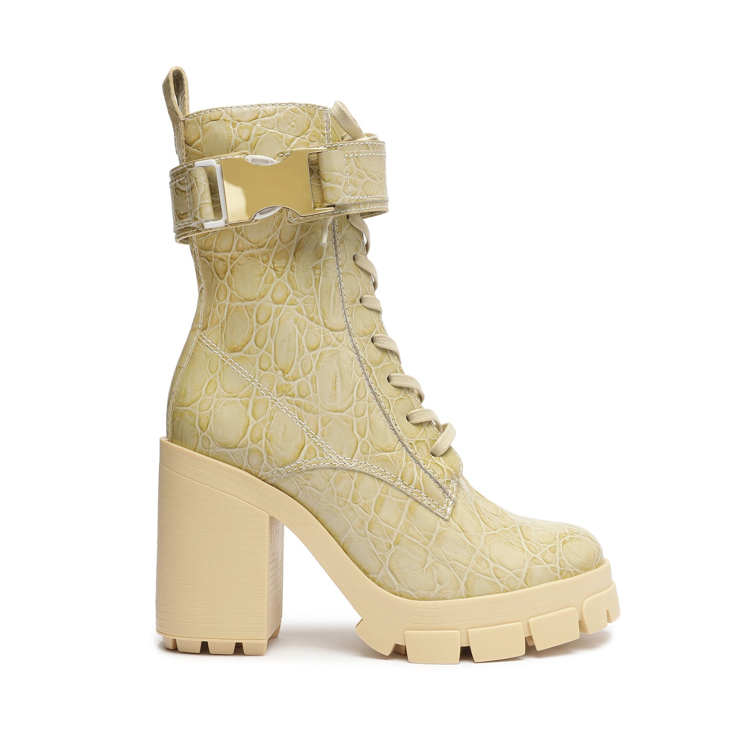 Roslyn Buckle Leather Bootie 5 Almond Buff Crocodile-Embossed Leather - Schutz Shoes