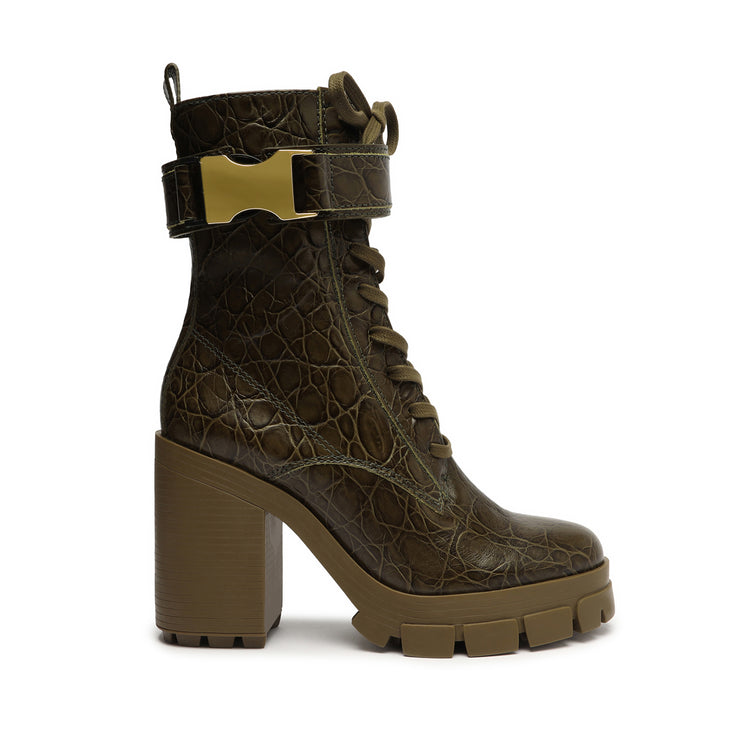 Roslyn Buckle Leather Bootie Booties Fall 22 5 Military Green Crocodile-Embossed Leather - Schutz Shoes