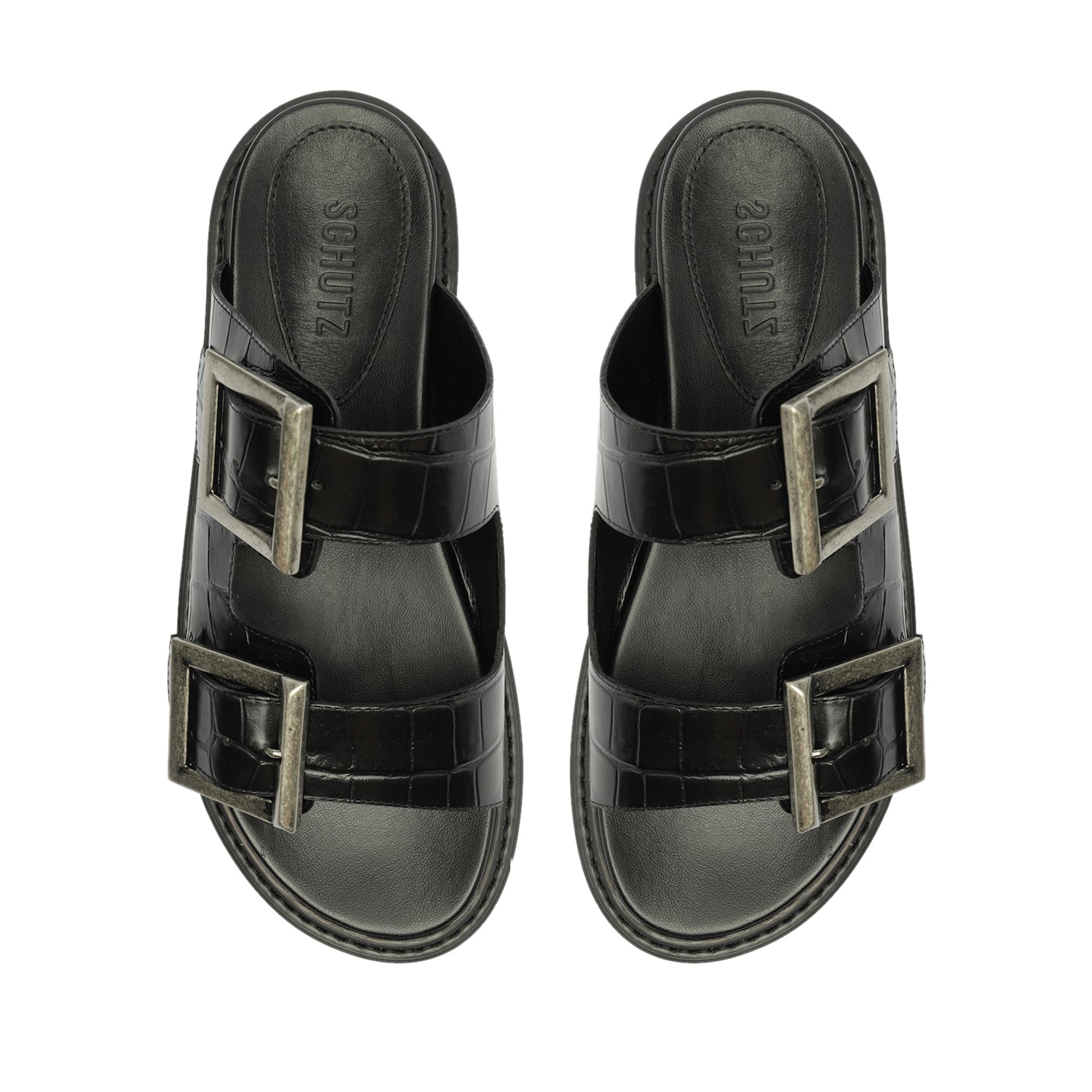 Nola Crocodile-Embossed Leather Sandal Black Crocodile-Embossed Leather