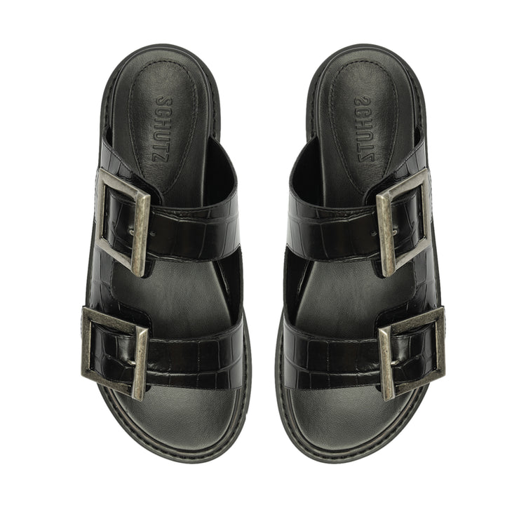 Nola Crocodile-Embossed Leather Sandal Black Crocodile-Embossed Leather