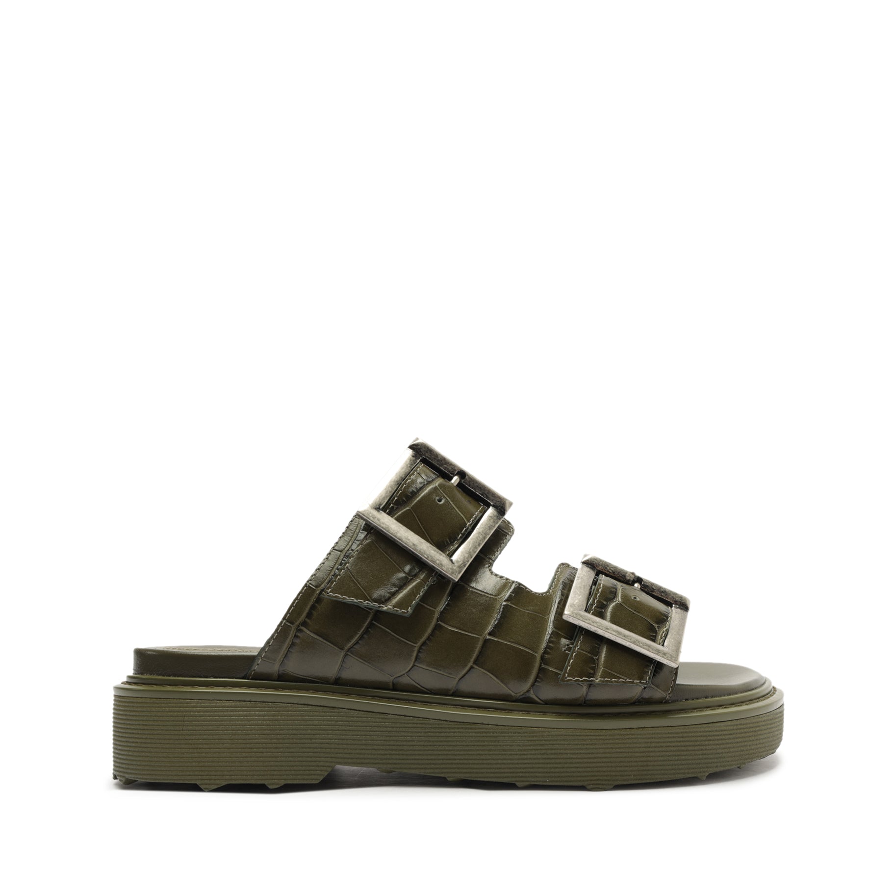 Nola Sandal PRE FALL 23 5 Military Green Crocodile-Embossed Leather - Schutz Shoes