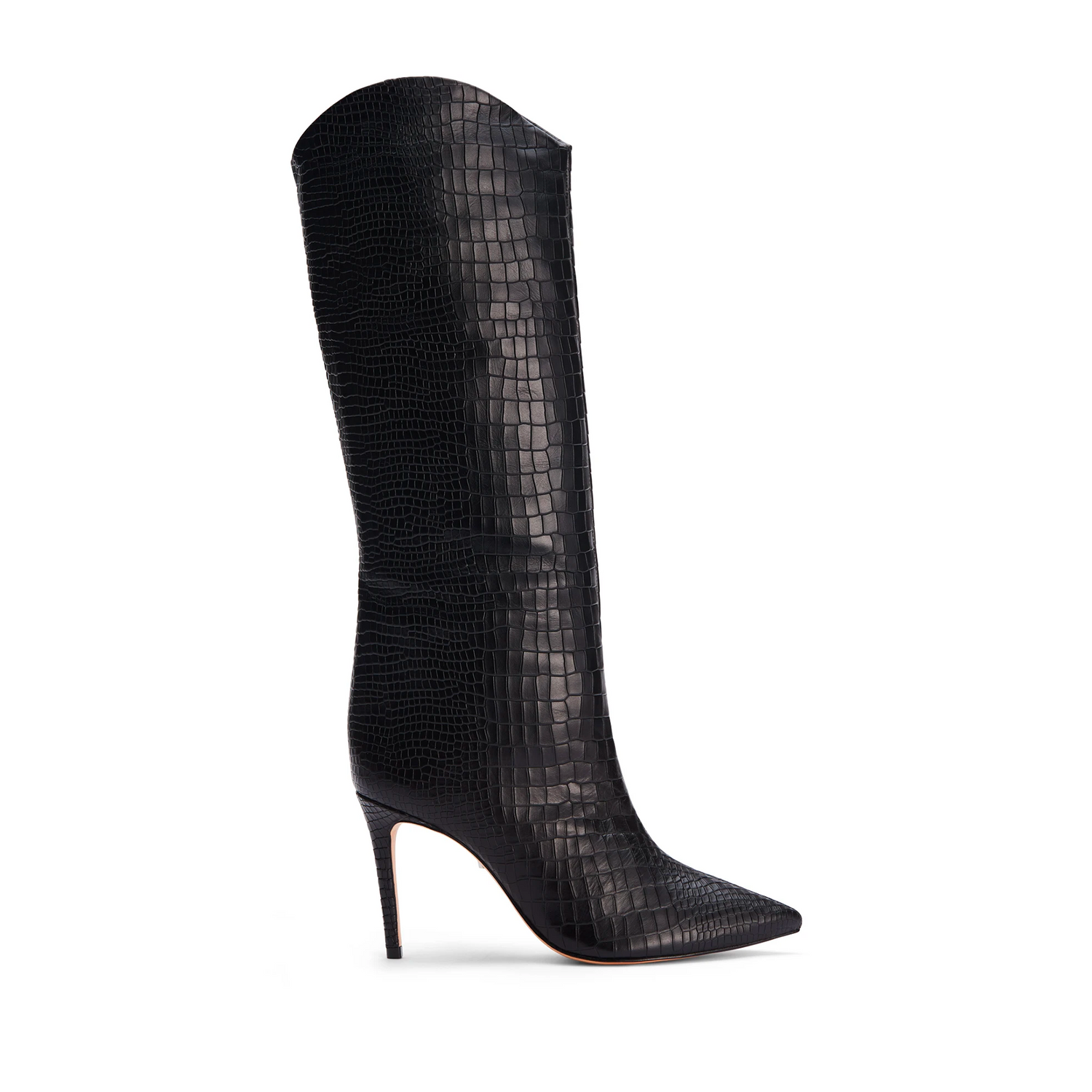 Schutz Maryana Black - Black Leather Boots - Croc-Embossed Boots
